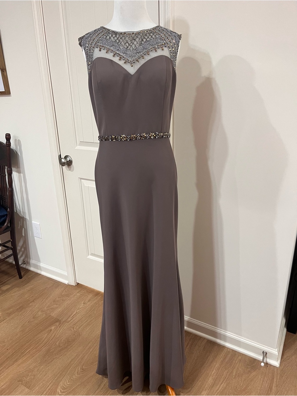Beaded Illusion Yoke Maxi Dress in Taupe